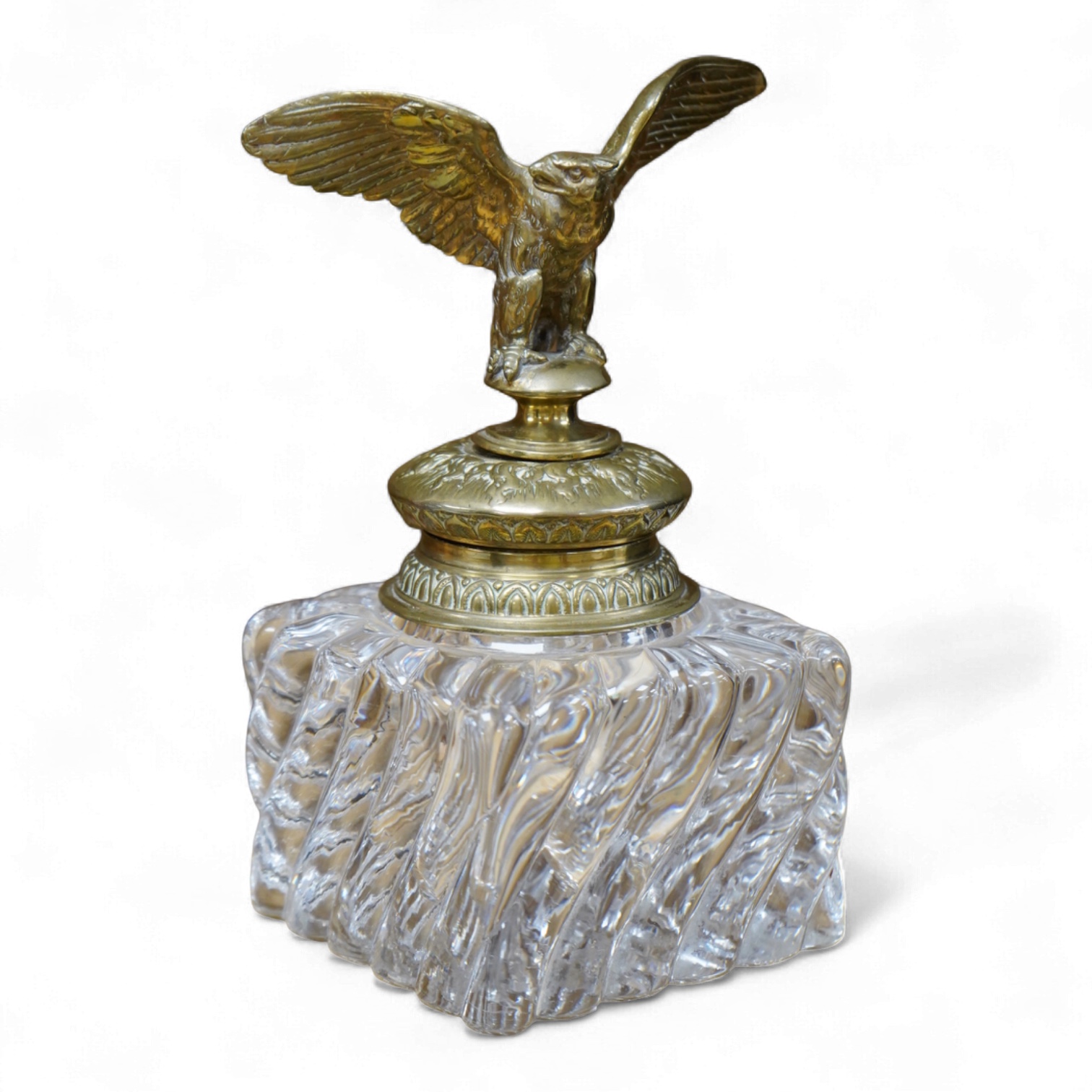 A large and heavy French Empire style bronze and glass inkwell, 20cm